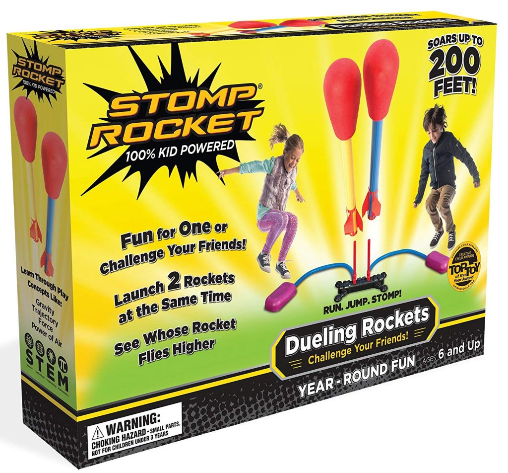 a photo of the product box which is the Stomp Rocket Dueling Rocket game for kids