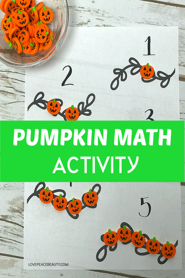 Photo optimized for pinterest with the title "Pumpkin Math Activity" showing the printable.