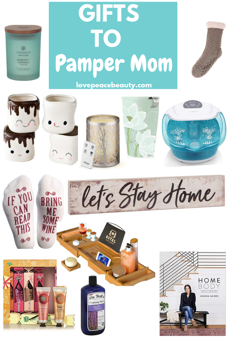 Collage image of gifts to pamper mom optimized for Pinterest