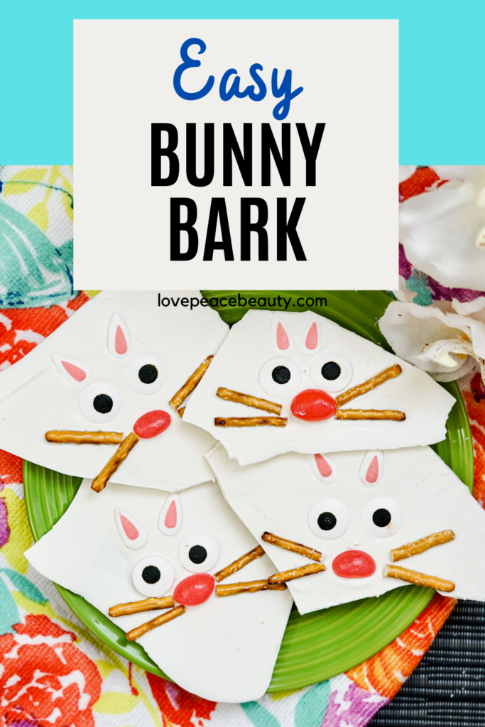 photo optimized for pinterest with the title Easy Bunny Bark. White chocolate bark made to look like bunnies. 