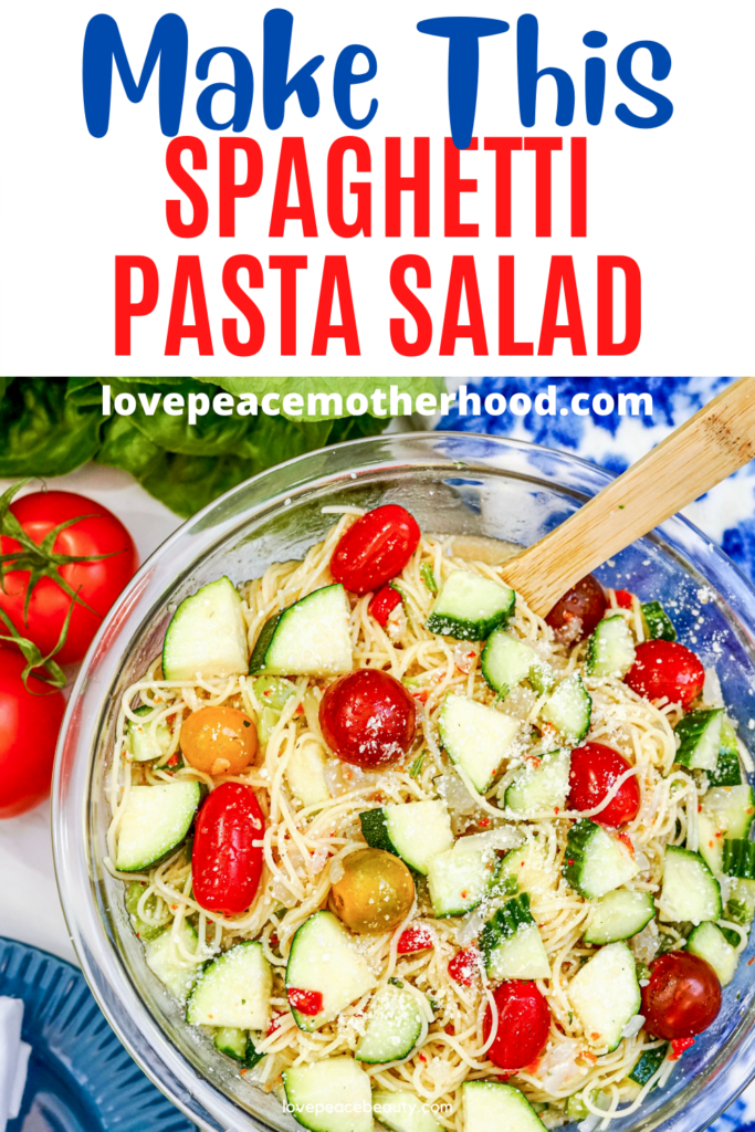 image optimized for Pinterest with the title Make This Spaghetti Pasta Salad with an image of spaghetti noodles covered in Italian dressing, diced vegetables and topped with parmesan cheese. 